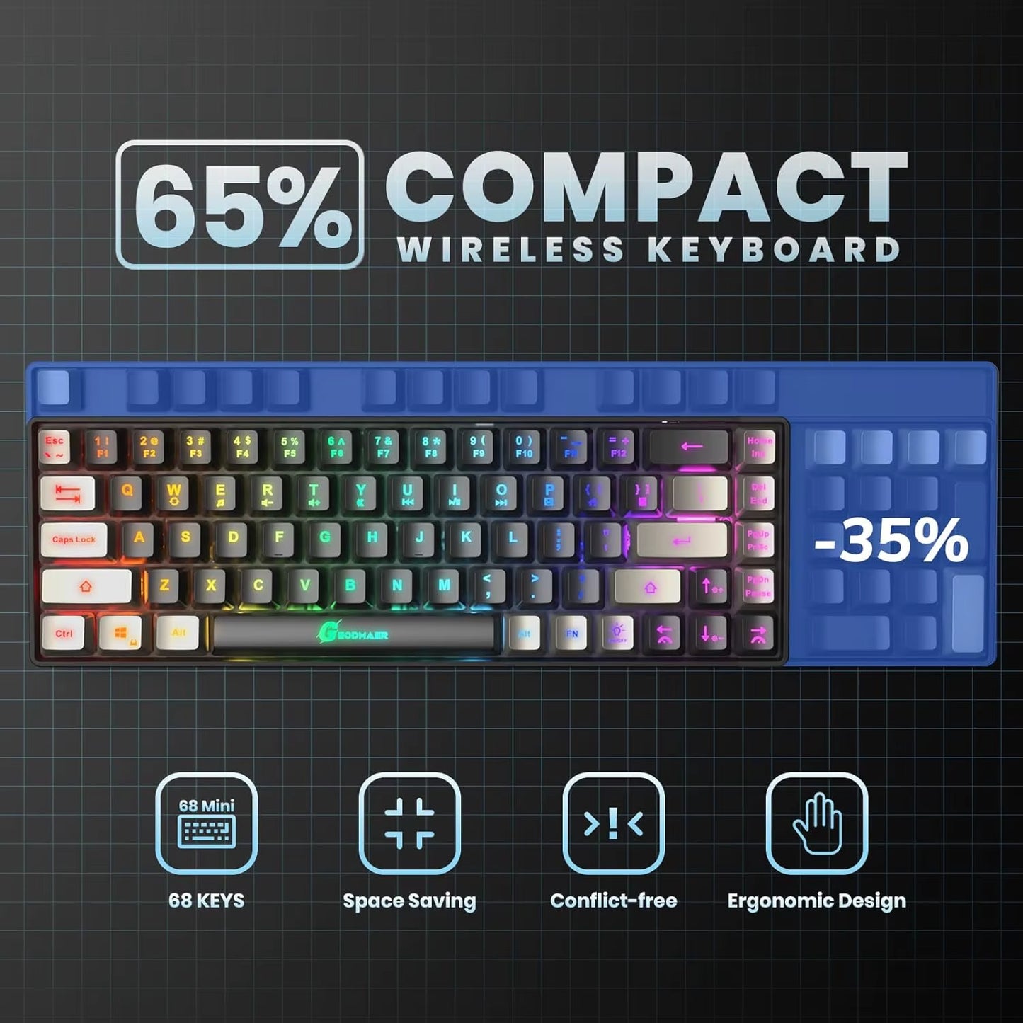 2.4G Wireless Gaming Keyboard Rechargeable Backlit Gaming Keyboard 68 Keys English/Spanish Layout Keyboard for PC